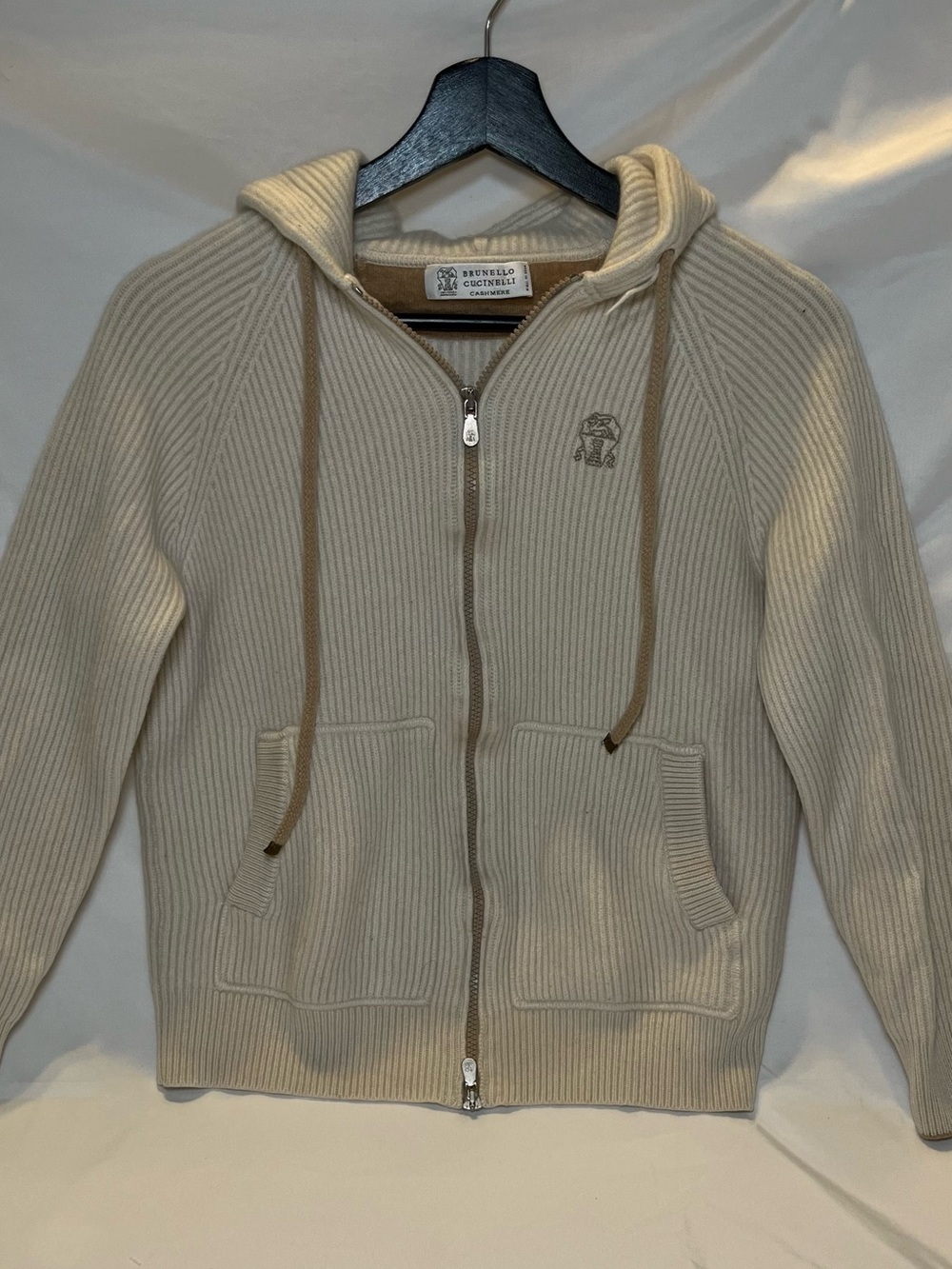 Brunello Cucinelli Cream Ribbed Zip Hoodie with Tan Drawcords